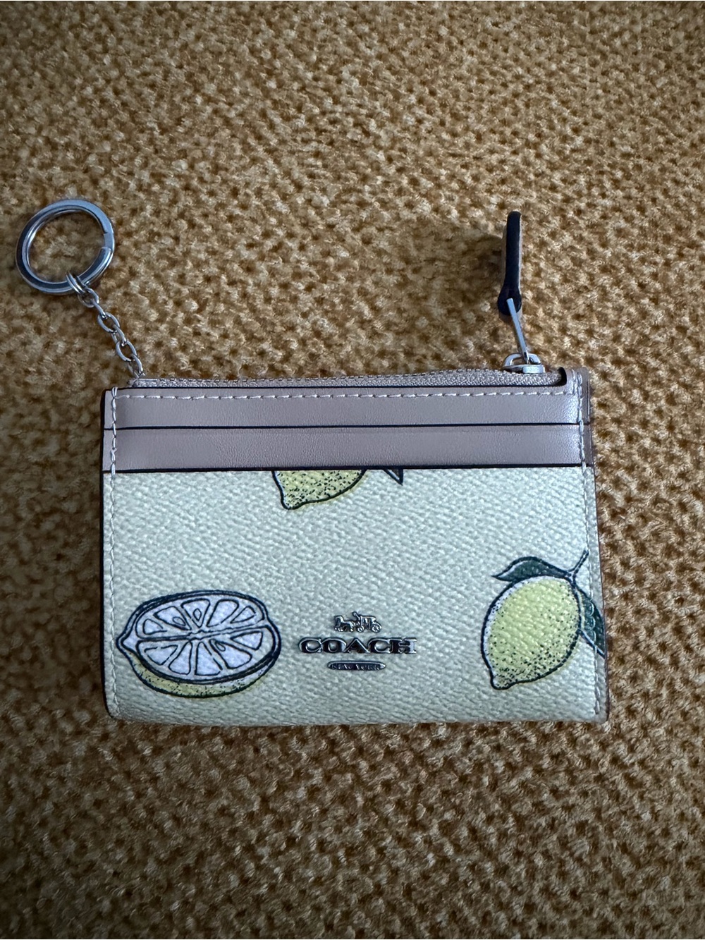 Coach Lemon-Print Card Case Keyring in Yellow and Taupe